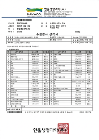 팜올린 재배 용수 수질 시험성적서